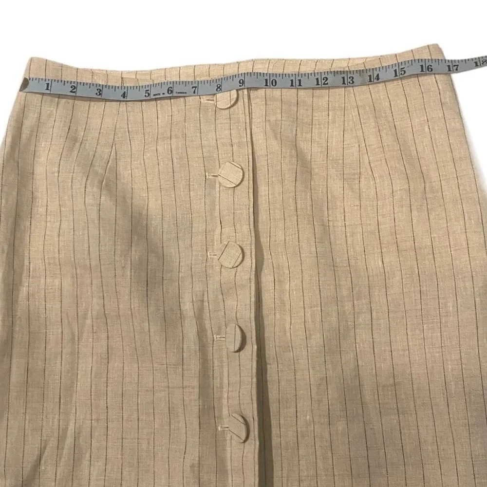 NWT H&M BUTTON-FRONT LINEN SKIRT Light beige/Pinstriped Size 10
